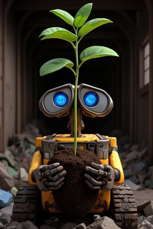 Wall-E, a small waste-collecting robot, stands amidst a litter-filled dumpster. His shiny metal body and bright blue solar panel are illuminated by the harsh, industrial lighting within the trash receptacle. Wall-E's mechanical arms grasp a three-branch plant with soil-covered roots, but without its original pot, as if he has carefully plucked it from the dirt. The plant's delicate stems and leaves stretch upwards, defying gravity and the bleak surroundings. Wall-E's hands cradle the soil-covered plant, his metal fingers curled around the tender greenery. In 3D style animation.