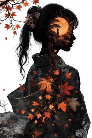 (silhouette:1.25), silhouette art, shadow of figure, Autumn leaves pattern on woman silhouette isolated on white background, (Female silhouette: Kimono: Hakama: Long ponytail: Dynamic pose), Draw the autumn leaves pattern only on the woman's silhouette.,BREAK,Autumn leaves pattern: black and grey gradation: Overlapping translucent autumn leaves: Overlapping layers: black colors: BREAK,vector art,Draw a background painting using the moon and autumn leaves in blak colors, shadow of woman, (masterpiece:1.3),(highest quality:1.4),(ultra detailed:1.5),High resolution,extremely detailed,unity 8k wallpaper,.ek_art_b00ster,anime,illustrated,FluxBoost