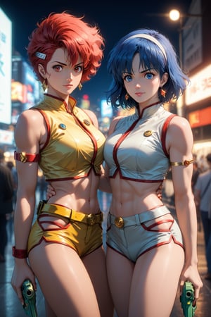 Best quality, Masterpiece, Ultra High Resolution, (Realistic:1.3), Comic city hunter style, 2girls, kei, dark skin, short hair, red hair, red eyes, hairband, earrings, jewelry, grey top crop, clothing cutout, single glove, wristband, armband, grey shorts, belt, Thigh Boots, grey footwear, dpyuri, pale skin, long hair, blue hair, blue eyes, yellow top crop, clothing cutout, yellow shorts, Boots, yellow footwear, (((holding pistols back to back:1.5))), rich and colorful, Japanese manga artist Tsukasa Hojo'style, depth of field, Overclocked Renderer, movie lights, ultra_fine, very detailed, complicated, cinematic perspective, cg art, realistic skin details, complex background, high quality, realistic lighting, professional photos, natural skin texture, very detailed and sharp focus, crazy details, intricate details, very detailed and bright cinema lighting, very delicate muscles, whole body, score_9,score_8_up,score_7_up,score_6_up,Hojo Tsukasa manga style