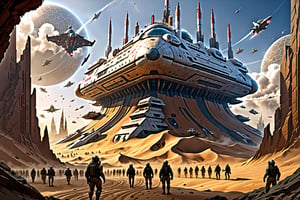 (Best quality), (masterpiece), (ultra detailed), (high detailed), (extremely detailed), Dune concept art, Clean and neat tones, Sci-fi base scene, Huge scene, Square-shaped complex, Soviet aesthetic architecture, huge buildings, There are many ships in the air, Size contrast, crowd of soldiers versus soldiers, Big scenes of war, smog, epic concept art, Fine 8K, vray, Wasteland Science Fiction,LegendDarkFantasy