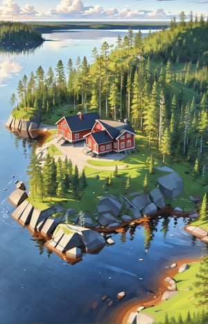 (Best quality at best, 4K, 8K, A high resolution:1.2), 4k,intricate detail,wallpaper,(masterpiece:1.5),absurdres,high resolution,sharp focus,depth of field,ray tracing,spectacular,more_details, sunshine, windy, bright colors, rich palette, Finland lakes, multiple small islands with picturesque houses, lush nature, pine forest, view from above,detailed_background,