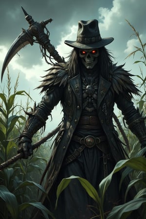 Masterpiece, professional, award-winning, intricate details, ultra high detailed, 64k, dramatic light, volumetric light, best quality, highres, ultra-detailed, (realistic:1.37),dark soul boss style ,skull face, Lovecraftian horror style, haunted corn field background, scythe weapon, glowing red eyes, Scarecrow outfit with rugged clothes and hat, energy cracking around body, battle aura, bloodstained, dynamic lighting, ominous atmosphere, grim and desolate, creepy fog, unsettling shadows, weathered scarecrows, distorted landscapes, haunting whispers, ominous sky, ominous storm brewing, lingering sense of darkness, ominous runes, mystery and suspense, brutal and intense, dread and fear, gothic elements, oppressive silence, menacing presence, horror-filled ambiance, dark and tormented souls, sinister energy, evoking a sense of doom, nightmare-infused reality. Showcasing incredible texture and detail. Rendered in high-quality, super-detailed textures. Meticulously illustrated, 8k,anime,illustrated,Enhanced all,