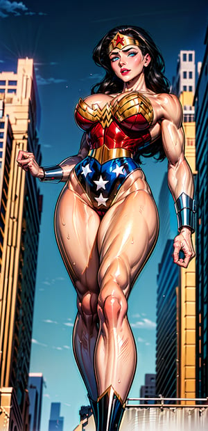 Wonder Woman, (Masterpiece), Best Quality, (Extremely detailed), (1Girl:1.4), ((beautiful blue eyes)), (black middle length wavy hair), Wonder Woman, (intricate details, makeup), (delicate and beautiful delicate face, delicate and beautiful delicate eyes, face with perfect proportions), (shiny skin: 1.2), delicate skin, strong and realistic blue eyes, realistic black hair, lips, makeup, natural skin texture, tiara, red and gold bustier, blue leotard with white stars, (silver Bracelets:1.2), red knee-high boots, golden belt, (Wonder Woman clothing:1.1), bare shoulders, ((light tanned skin:0.8)), mature, sexy, elastic muscles, (muscles: 1.2), ((strong and healthy body)), ((more) muscles))), cleavage, long legs, curves, (big breasts: 1.3), ribs, thin waist, soft waist, (delicate skin), (beautiful and sexy woman), (swollen lips: 0.9), (eyelashes: 1.2), very delicate muscles, perfect body, perfect anatomy, perfect details, perfect fingers, Perfect limbs, thigh gap, watercolor, professional, Bokeh, Decreased saturation, overlooking a (New York city skyline:1.2), overlooking a modern city, sky - high view, Sky view (on balcony), (City skylines view), ((night time:1.2)), ((from below:1.5)), ((flying:1.3)), (masterpiece, best quality), ,semi-realistic,dwarfoil,wonder2