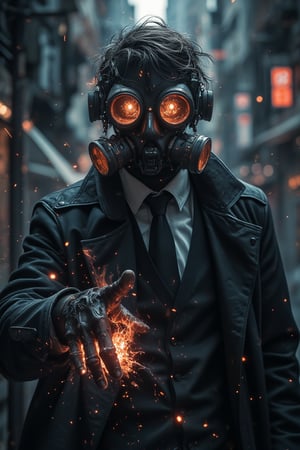 Masterpiece, professional, award-winning, intricate details, ultra high detailed, 64k, dramatic light, volumetric light, create an anime character wearing a black gas mask with only one respirator that covers his entire face and a dress shirt with a black tie and a black overcoat. He has the power to control darkness as if they were black flames of darkness in his hand,ek_art_b00ster,anime,cyberpunk