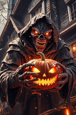 Masterpiece, professional, award-winning, intricate details, ultra high detailed, 64k, dramatic light, volumetric light, create an image of a menacing Jack-o'-Lantern in a Halloween costume, lurking outside a haunting house, clutching a pumpkin in its gnarled claws. The Jack-o'-Lantern's custom is a nightmarish creation, with tattered fabric, sharp fangs, and glowing eyes that pierce through the darkness. The haunting house looms behind, its weathered facade and broken windows adding to the eerie atmosphere. The pumpkin held by the monster is intricately carved with a wicked grin, its candlelight casting eerie shadows on the surroundings. photorealistic, realistic shadows. Showcasing incredible texture and detail. Rendered in high-quality, super-detailed textures. Meticulously illustrated. Adds creepy atmosphere in the image.