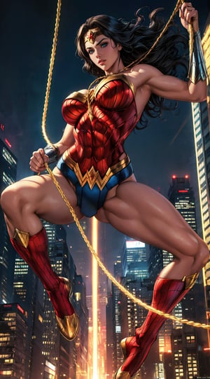 Generate a rough oil painting of Wonder Woman gracefully ((swinging through the gaps between skyscrapers)) (at night), ((flying)), using her ((Lasso of Truth)) as if she were Spider-Man. The golden glow emanating from the Lasso of Truth illuminates the scene like fluorescent lights. Capture her in a dynamic and stylish pose, reminiscent of Frank Miller's Sin City style. (field of depths,boheh backdrop),wonder_woman,artgerm,semi-realistic,Anime,highres,masterpiece