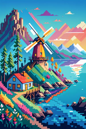 (Beautiful abstract composition:0.6), (Colorful illustration), ((minimalist pixel art illustration of deep scenery with flat coloring)), (outdoor scenery, windmill),pixel art style