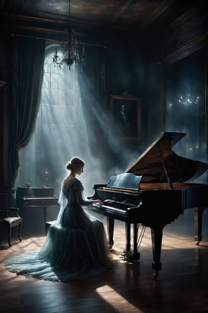 a haunting and ethereal digital painting of a ghostly figure playing a melancholic melody on a grand piano, surrounded by an enchanted audience entranced by the music, oblivious to the dark and eerie surroundings. The ghostly figure is partially transparent, emitting a soft glow, with flowing ethereal robes. The grand piano is intricately detailed, with delicate looks and a weathered appearance. The composition is dynamic and atmospheric, with muted colors and dramatic lighting, evoking a sense of mystery and foreboding. Inspired by the works of classical painters like Caspar David Friedrich, this artwork captures the captivating and haunting nature of the scene. Created using digital painting techniques and rendered with realistic textures and lighting effects for a stunning and immersive visual experience.