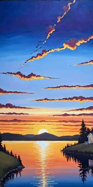 Sunset painting over the lake, Art paintings by Yvonne Jacquette, deviantart, American Scene Painting, Art, not Instagram, Detail painting, Oil on canvas, The most beautiful nature, A wonderful, peaceful world and a passenger train with wheels and tracks flying in the blue sky,oil painting