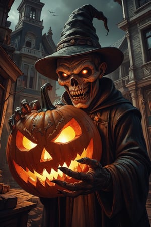 Masterpiece, professional, award-winning, intricate details, ultra high detailed, 64k, dramatic light, volumetric light, create an image of a menacing Jack-o'-Lantern in a Halloween costume, lurking outside a haunting house, clutching a pumpkin in its gnarled claws. The Jack-o'-Lantern's custom is a nightmarish creation, with tattered fabric, sharp fangs, and glowing eyes that pierce through the darkness. The haunting house looms behind, its weathered facade and broken windows adding to the eerie atmosphere. The pumpkin held by the monster is intricately carved with a wicked grin, its candlelight casting eerie shadows on the surroundings. photorealistic, realistic shadows. Showcasing incredible texture and detail. Rendered in high-quality, super-detailed textures. Meticulously illustrated. Adds creepy atmosphere in the image. 8k,ek_art_b00ster,anime,illustrated,Enhanced all