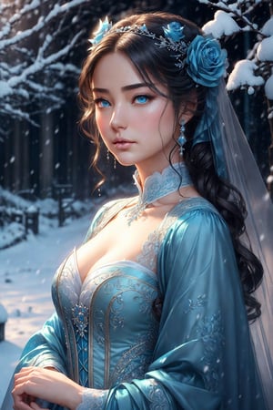 It's realistic (((illusion))) Set against the backdrop of an icy castle, enchanted in winter, and a frozen rose garden, the artwork should consist of various shades of cool blue. There is a lot of snow. Generate proud women. (((super delicate face))) Dressed in the pleats of a dazzling French silk ball gown. The graceful face of a woman ((((highly detaild, Realistic and smooth features, Puffy lips.)))) Ball gowns are decorated with ruffles, track, And Archiwa, But in essence,, Hand-embroidered torso. The corset has a silk ribbon.. She is wearing a Victorian royal winter robe.. The wonderful eyes of a woman are beautifully depicted, With realistic shades and a wide range of colors, And with high resolution. The woman is in the garden of the eternal rose, Each of them is beautifully formed and very detailed. These realistic roses feature shimmering sky blue shades, dark blue, silver, and shimmering blue-violet. The eternal rose is a deep shade of periwinkle with shimmering iridescent hues and bass. Check the woman's face, heads, And the eyes are perfect. 真实感, high fantasy, Whimsical fantasy, Storybook fantasy, Fairytale fantasy, Fantasy Details, Enchantress, Enchantress, 8K, hire, ..CGI, digital painting, unit, unreal-engine, (((Master Part))), intrikate, graceful, highly detaild, majestueux, digital photography, Arte de Artgerm e Ruan Jia e Greg Rutkowski, (Master Part, beautiful-detailed eyes: 1.2), HDR, Realistic Skin Textures, (((1woman))), (((soio))), Includes highly detailed faces, super delicate face, And an interesting background.nijistyle
