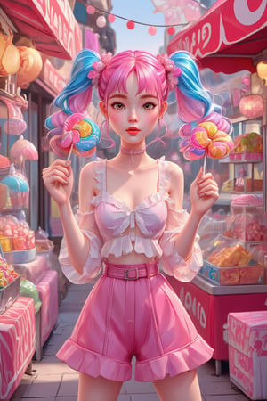 Masterpiece, professional, award-winning, intricate details, ultra high detailed, 64k, dramatic light, volumetric light, create a young woman with playful pink and blue hair styled in twin buns stands in a vibrant, candy-themed market. She wears a sheer, ruffled top and a matching pink skirt, holding a colorful lollipop. The background is filled with candy displays and ornamental decorations, bathed in warm, soft light, creating a cheerful and whimsical atmosphere,ek_art_b00ster,anime,illustrated,Color