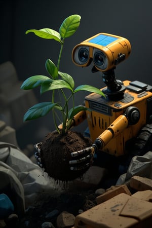 Here is a prompt for generating an image:

Wall-E, a small waste-collecting robot, stands amidst a litter-filled dumpster. His shiny metal body and bright blue solar panel are illuminated by the harsh, industrial lighting within the trash receptacle. Wall-E's mechanical arms grasp a three-branch plant with soil-covered roots, but without its original pot, as if he has carefully plucked it from the dirt. The plant's delicate stems and leaves stretch upwards, defying gravity and the bleak surroundings. Wall-E's hands cradle the soil-covered plant, his metal fingers curled around the tender greenery.