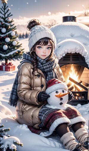 1 girl, snow, winter outfit, bonfire, sitting, tent, christmas tree, Christmas theme, cold, snowman, sunset, illustration,