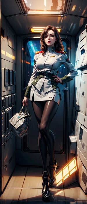 8k,(masterpiece:1.4), (best quality:1.4), (top quality), 1girl, ramius1, 1girl, solo, (black_pantyhose:1.1), military uniform, military, makeup, white shirt, white skirt, tight skirt, inside spaceship, galaxy, window ,indoors, standing, looking at viewer, solo focus, (shiny skin), athletic and toned body,ramius1