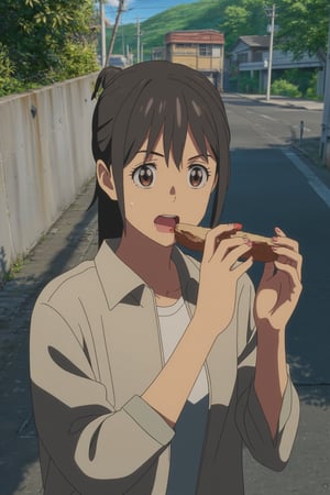 Masterpiece, professional, award-winning, intricate details, ultra high detailed, 64k, dramatic light, volumetric light, dynamic lighting, chibi style, 3d animation, a cute girl crossing the street cautiously while biting a doughnut in a paper wrap, elaborate details, graphic CG digital art, ultra detailed, absolutely resolution, best quality vivid, vibrant, unreal engine, concept art,