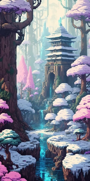 beautiful and magic snowy forest, full of various flowers, (ancient deceased giant mecha:1.3), multiple different animals and birds, waterfall, architecture, art nouveau, temple, tech, neon colors, HLD style, pixel art