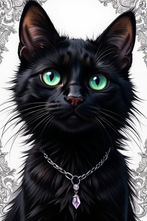 Masterpiece, professional, award-winning, intricate details, ultra high detailed, 64k, dramatic light, volumetric light, create a realistic and cute comic style sleek black cat with piercing emerald eyes and a  pink nose. Her fur is styled in loose, flowing waves, and she wears a delicate silver necklace with a tiny crystal pendant. Showcasing incredible texture and detail. Rendered in high-quality, super-detailed textures. Meticulously illustrated. The white filigree background adds to the ominous atmosphere, 8k,ek_art_b00ster,anime,illustrated,Enhanced all