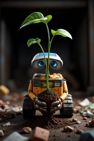 Here is a prompt for generating an image:

Wall-E, a small waste-collecting robot, stands amidst a litter-filled dumpster. His shiny metal body and bright blue solar panel are illuminated by the harsh, industrial lighting within the trash receptacle. Wall-E's mechanical arms grasp a three-branch plant with soil-covered roots, but without its original pot, as if he has carefully plucked it from the dirt. The plant's delicate stems and leaves stretch upwards, defying gravity and the bleak surroundings. Wall-E's hands cradle the soil-covered plant, his metal fingers curled around the tender greenery.