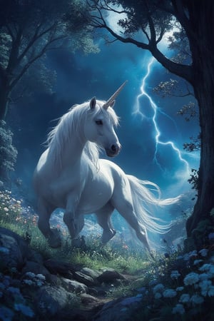 Masterpiece, professional, award-winning, intricate details, ultra high detailed, 64k, dramatic light, volumetric light, Enchanting, moonlit glade with a gentle unicorn and shimmering will-o'-the-wisps, realistic, magical, mystical creatures, idyllic, serene, ethereal, (mythical presence:1.4), wildflowers, moonbeams, ancient trees, soft glow, harmonious realm, tranquil beauty, 8k,ek_art_b00ster,anime,illustrated,