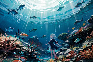(((masterpiece))),(((best quality))),((ultra-detailed)),((underwater)),(illustration),(beautiful detailed water),((coral)),open tuck,((extremely delicate and beautiful girls)),dynamic angle,floating,(beautiful detailed eyes),(detailed light),(loli),floating hair,glowing blight eyes,(splash),underwater),((fishes)),silver hair,iceblue eyes,long blue mini-dress,nature,(sunlight),(underwater forest),(painting),(bloom),(detailed glow),(drenched),seaweed,fish,(((Tyndall effect))),look away,ph_katou