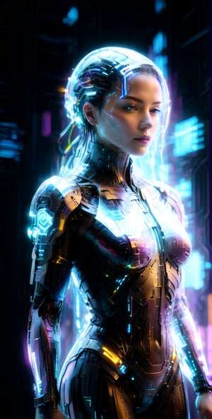 high quality, Ultra HD, A cyberpunk icon dons a tech-woven ensemble, embodying the essence of digital futurism, her every move a glitched symphony in the world of fashion.,Energy light particle mecha,Strong Backlit Particles