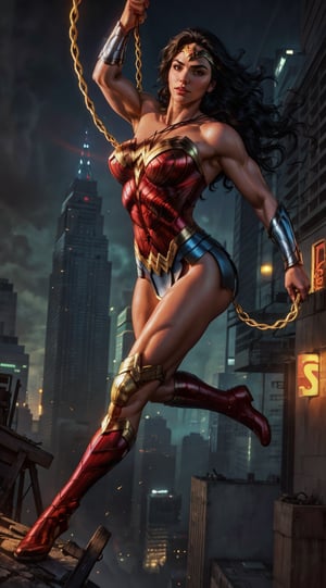 Generate a rough oil painting of Wonder Woman gracefully ((swinging through the gaps between skyscrapers)) (at night), ((flying)), using her ((Lasso of Truth)) as if she were Spider-Man. The golden glow emanating from the Lasso of Truth illuminates the scene like fluorescent lights. Capture her in a dynamic and stylish pose, reminiscent of Frank Miller's Sin City style. (field of depths,boheh backdrop),wonder_woman,artgerm,semi-realistic,Anime,highres,masterpiece