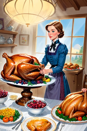 (masterpiece)), (((best quality))), ((ultra-detailed)), a woman standing in front of a table with a cooked turkey on it, a storybook illustration by Mary Davis, 
Lady Davis, pixabay contest winner, synthetism, storybook illustration, flat shading, flickering light,Story book 