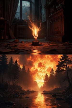 Masterpiece, professional, award-winning, intricate details, ultra high detailed, 64k, dramatic light, volumetric light, Create an image of a small flickering candle in a dark room is blown out by a gust of wind, symbolizing weakness. In contrast, a raging forest fire is shown in the next scene, with the same wind making the fire even stronger and more intense, symbolizing strength and perseverance against challenges. Showcasing incredible texture and detail. Rendered in high-quality, super-detailed textures. Meticulously illustrated. Adds ominous atmosphere in the image, 8k, ek_art_b00ster,anime,illustrated,FluxBoost,myvectorillustrations