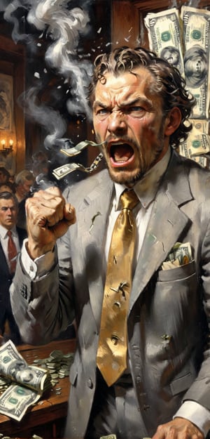 Best quality, Masterpiece, Ultra High Resolution, (Realistic:1.37), Man fighting money, Oil Painting, Harsh brush strokes, Dramatic Lighting, intense expression, Determined eyes, hold fists, sweat dripping down his face, Wrinkled suit, broken chains, Crumbling dollar bills, Crumbling Stock Market Graph, Smoke rises in the background, Black and white with a touch of gold, Realism. (Best Quality, hight resolution, Ultra-detailed), (Realistic:1.37), Professional, Vivid colors. highly detailed, lifelike, photorealistic, (extremely detailed CG unity 8k walpaper), artstation, illustration, smooth, sharp focus, trending CGSociety, by midjourney, art style of Krenz Cushart and Artem Demura and Alphonse Mucha, (midjourney style),highly detailed, lifelike, photorealistic, score_9,score_8_up,score_7_up,score_6_up,fflixmj6,impressionist painting