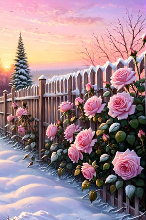 masterpiece, best quality, [detailed], [intricate], digital painting, Pink roses grow in the snow near the fence, roses in cinematic light, Beautiful and aesthetic, with soft bushes, beautiful aesthetic, Rose garden, pink golden hour, rosette, rosses, with soft pink colors, beutifull, at gentle dawn pink light, beautiful flowers growing, floral sunset, beautiful morning, Pink flowers, light pink tonalities, Beautiful flowers