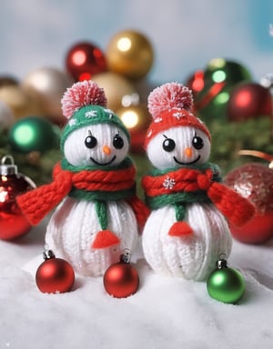 a detailed view photo of Little snowmen knitted on soft snow on the background of Christmas decorations,w00len