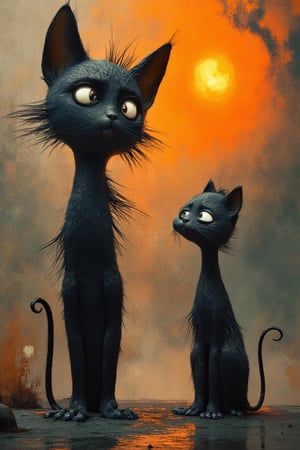 Masterpiece, professional, award-winning, intricate details, ultra high detailed, 64k, dramatic light, volumetric light, dynamic lighting, Surreal, abstract painting featuring two black cats with exaggerated, whimsical features. The larger cat stands upright on two legs, with a tall, slender body and a large, round head with wide, expressive eyes. The smaller cat sits on all fours, looking up at the larger cat. Both cats have spiky, unkempt fur and long, thin tails. The background is a mix of earthy tones, with splashes of orange, brown, and gray, creating a textured, dreamlike atmosphere. A bright orange sun or moon is visible in the upper right corner, casting a warm glow. The ground beneath the cats is reflective, suggesting a wet surface or puddle. The overall style is loose and painterly, with visible brushstrokes and drips adding to the abstract feel. vivid, vibrant, unreal engine, concept art,disney style,cartoon art