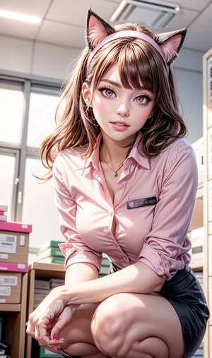 1 cat girl, cat ears, coral red eyes, cat tail, (smile:0.8), parted lips, natural makeup, cute, office lady, hair band, business suit, name tag, (squatting:1.1), leaning forward, filing cabinet, archive, sharp focus, looking at viewer, cowboy shot, from below, (intricate:1.1), (pink theme:1.1), (pink tone:1.1), brown tone, illustration,