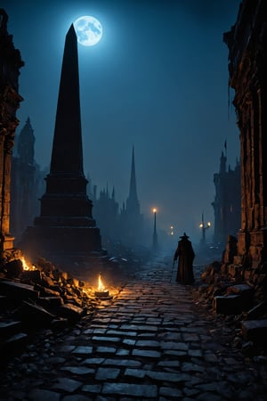  ((masterpiece)), ((best quality)), high detailed, ultra-detailed, indie game style "a ravaged cityscape of charred archways and twisted spires looms before a lone figure, an old mystic with sunken eyes and tattered black robes, as she stalks along a cracked path shrouded in sulfurous haze. the air is heavy with the scent of damp earth and decay, and the flickering torches that line the path cast eerie shadows on the ground. in the distance, the celestial obelisk rises like a monolith from the shadowlands, its burnished bronze surface etched with cryptic glyphs that seem to absorb the faint moonlight. the obelisk's rough hewn stones whisper secrets of forgotten knowledge to those who dare approach, as if the very essence of the unknown has converged within this forsaken city, beckoning seekers of truth and mystery to unravel its enigmatic heart." . creative, innovative, personal storytelling, unique art styles,Movie Still,greg rutkowski