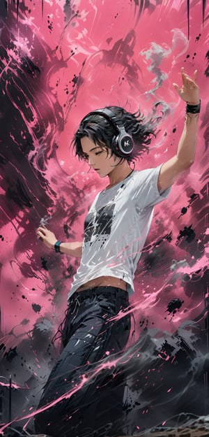 (masterpiece, best quality:1.4), Man in white T-shirt and headphones, dancing, Image with black and pink background, Futuristic graphic effects, Immersive 4K cinematic images,smoke,ink smoke,ink smoke background, score_9,score_8_up,score_7_up,score_6_up,art_booster