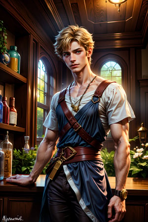 (absurdres, highres, ultra detailed, HDR), masterpiece, best quality, legend of mana character in weapon shop buying a potions at the counter, 1 boy, detailed face, handsome face, short hair