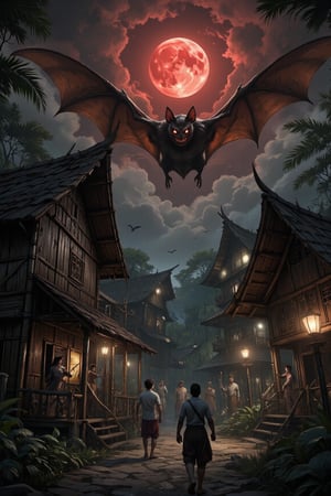 Masterpiece, professional, award-winning, intricate details, ultra high detailed, 64k, dramatic light, volumetric light, create an image of  a detailed giant black bat flying in a Filipino jungle with Kubo made of small houses with bamboo barricades. Under the Red moonlight, Bat attacking filipino people in white long sleeve shirts and holding big knives to attack creature who would emerge from the shadows to capture innocent souls. The giant black bat in the sky with red eyes and has two flapping wings to capture innocent souls. Showcasing incredible texture and detail. Rendered in high-quality, super-detailed textures. Meticulously illustrated. Adds ominous atmosphere in the image, 8k,