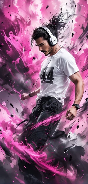 (masterpiece, best quality:1.4), Man in white T-shirt and headphones, dancing, Image with black and pink background, Futuristic graphic effects, Immersive 4K cinematic images,smoke,ink smoke,ink smoke background, score_9,score_8_up,score_7_up,score_6_up,art_booster