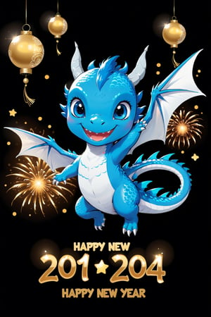 chibi, perfect-composition, Perfect pictorial composition, New Year theme, Hand-drawn simple illustration of a cute Oriental Blue Dragon flying, vector, full frame, out-zoom, black and white vector, black background. Simple style, Generate a banner with the text “Happy New Year 2024”,text logo,Text,thm style