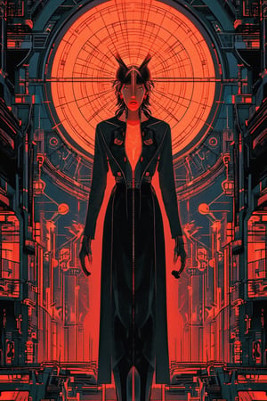 Masterpiece illustration of a single woman (1) set against a striking Art Deco-inspired background (1.4). The subject stands at the center of the frame, with her figure bisected by a symmetry line, radiating retro-futuristic elegance. Her attire blends clean lines and minimalism, punctuated by metallic accents in shades of cyberpunk hues. Flat colors and precise lighting evoke a sense of otherworldly detachment, as if she's stepping out of a futuristic cityscape (CCDDA art style). Identity V2: A futuristic femme fatale, ready to navigate the neon-lit streets.