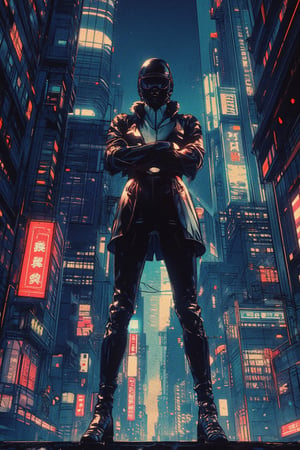 Create a masterpiece illustration of a single woman standing in front of a sleek, art-deco inspired cityscape at night. The background is a retro-futuristic metropolis with neon lights and towering skyscrapers, set against a flat, clean color palette. The subject's pose exudes confidence and strength, with her arms crossed and legs shoulder-width apart. Use the cyberpunk CCDDA art style to bring this futuristic world to life in stunning 4K resolution, with very detailed RAW photos capturing every intricate aspect.