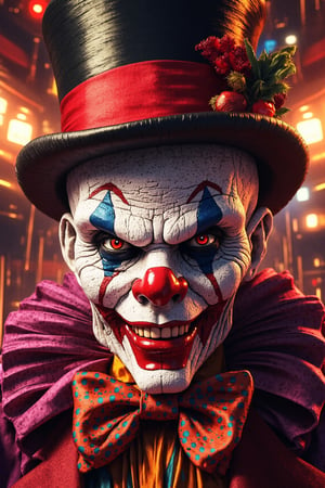 Masterpiece, professional, award-winning, intricate details, ultra high detailed, 64k, dramatic light, volumetric light, create an image of a Clown mask donning a top hat and bow tie, an intriguing portrait of a skull clown adorned with colorful paint and a fancy hat, the vibrant world of cutecore clowncore bursting with life and whimsy, Joker's ominous grinning skull face, a chilling skull clown encircled by the enchanting atmosphere of a circus, terrifyingly realistic scary clowns that haunt our nightmares, an exquisite portrait death clown with a twisted expression, the mesmerizing clown face, a highly detailed 4k digital art masterpiece of a skull clown, the upside-down world of clown world, photorealistic, 8k, realistic shadows. Showcasing incredible texture and detail. Rendered in high-quality, super-detailed textures. Meticulously illustrated. Adds ominous atmosphere in the image, 8k,