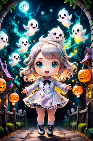 masterpiece, best quality, haunted theme park, haunted by chibi ghosts, cute, whimsical, glow, glowing, fun, silly, mystical,detailmaster2,chibi
