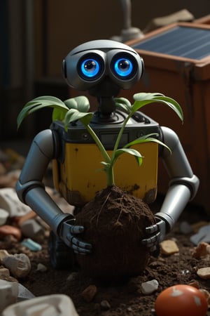 Here is a prompt for generating an image:

Wall-E, a small waste-collecting robot, stands amidst a litter-filled dumpster. His shiny metal body and bright blue solar panel are illuminated by the harsh, industrial lighting within the trash receptacle. Wall-E's mechanical arms grasp a three-branch plant with soil-covered roots, but without its original pot, as if he has carefully plucked it from the dirt. The plant's delicate stems and leaves stretch upwards, defying gravity and the bleak surroundings. Wall-E's hands cradle the soil-covered plant, his metal fingers curled around the tender greenery.