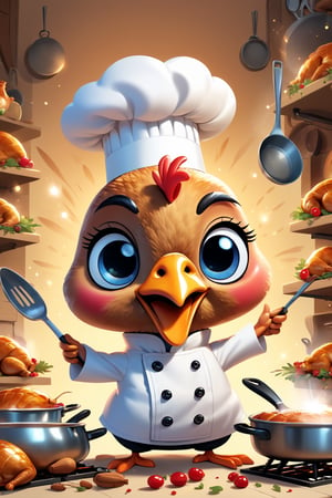 perfect-composition, Perfect pictorial composition, Brand advertising, Creative poster, Cute Anthropomorphic turkey chef is cooking roasted turkey, Made by Pixar, pixar style, 3d Rendering, Focus sharp, Fluffy, fantasy engine, 5 quality rendering, 3d Rendering, furry art, cartoon artstyle, cute cartoon style, Cute art style, Cartoon style, Cartoon style illustration, Digital art of cartoons, Cute digital art, Cute anime , Chibi, an anime drawing, pop-art, Cartoon style illustration, Head large, kawaii eyes, Glitter eyes, Sparkling eyes, kawaii faces, Innocent face,