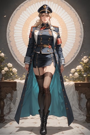 score_9, score_8_up, score_7_up, (best quality, 4K, high resolution, masterpiece, very detailed, realistic anatomy, realistic:1.37), attractive young woman, senior military officer, (Wearing Prussian Hussar uniform), (full body shot:1.3), (Light gray double-breasted blazer jacket), (black pencil skirt), Prussian Death Head Cap, black stockings, heel boots, blonde hair, high-ponytail Hairstyle, stand confidently, This full-length portrait captures her power and authority, Keen focus on details and intimidating eyes, The image evokes an aura of discipline and respect. Set with military background,