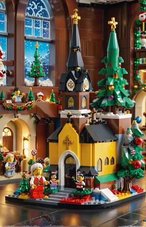 Lego brick scene, LEGO Creator, {a church made of LEGO, cartoon, disney style}, Surreal images, Christmas theme, Real-world scenarios, in 8k resolution, A highly detailed, Top  Quality, Artistic photography, cinematic texture , iOS 100, LEGO MiniFig, LEGO Creator,