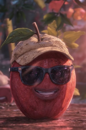 Masterpiece, professional, award-winning, intricate details, ultra high detailed, 64k, dramatic light, volumetric light, dynamic lighting, animation style, very cute appealing anthropomorphic apple wearing a cap and sunglasses, looking at the viewer, big grin, happy, fruit, droplets, macro, sunlight, fantasy art, dynamic composition, dramatic lighting, epic realistic, award winning illustration, vivid, vibrant, unreal engine, concept art,