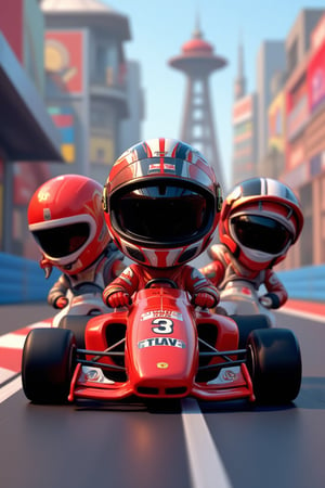 Three cartoon 3d characters wearing helmets and riding on the track, New AI Race, Alien Racing Driver, F1, race, Helmet instead of head, The helmet is off, screwdriver, ferrari, Formula 1, F1 car blurry in the background, :Minor::clown:, :Whale2: as :elephant: as :The robot: as :alien: as :cetus:, Official Contemporary Animation, Cognitive Disasters, anime, Pixelation, Kids Cartoon, kawaii, race, cards, Loliman, Speedway, Raceway, Retro, arcade, videogame